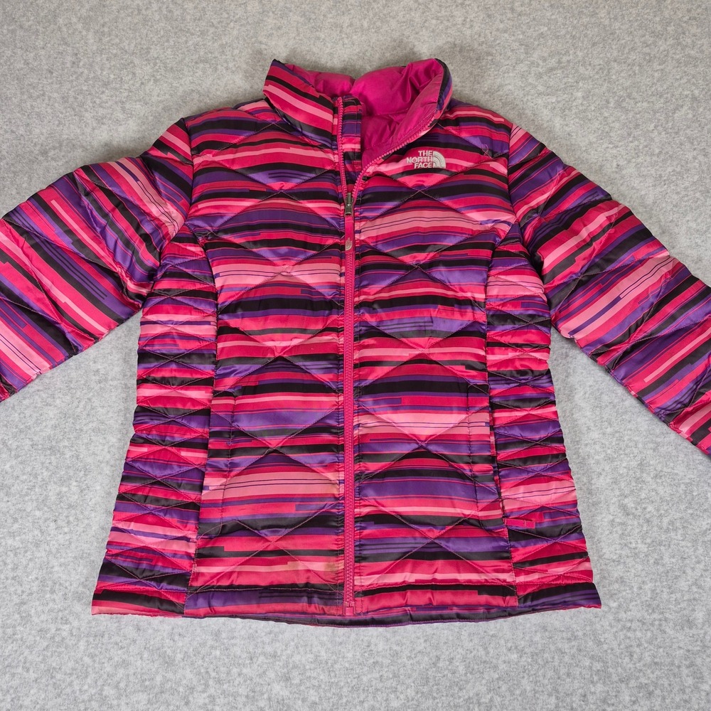 The North Face Puffer Jacket Girls XL 18 Pink Striped Diamond Quilted Full Zip